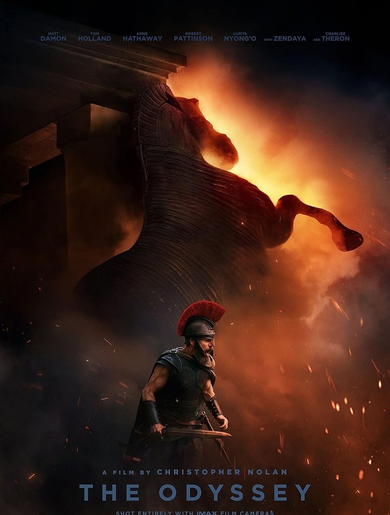 The theatrical poster for The Odyssey (2026): Odysseus before the burning Trojan horse.