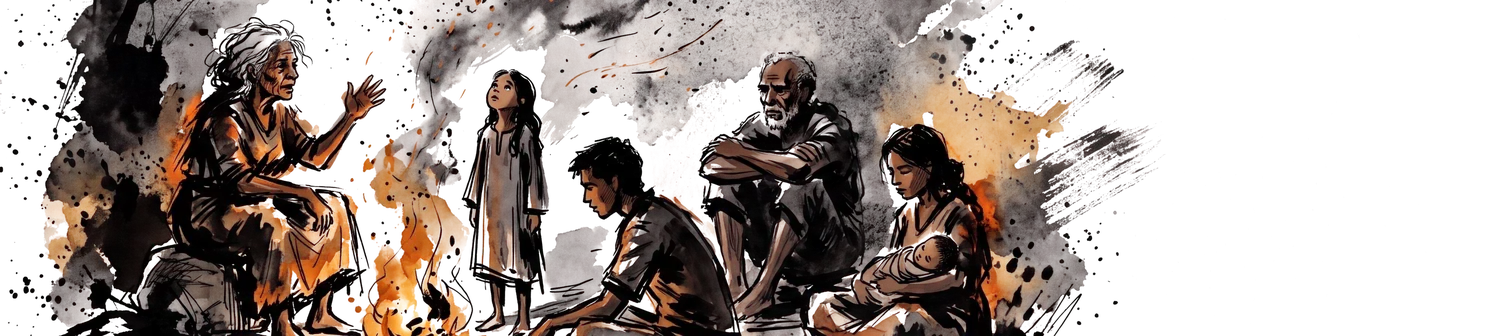 Ink and watercolor: an old woman tells a story by firelight at night to a girl, a young man, an old man and a young mother holding her baby.