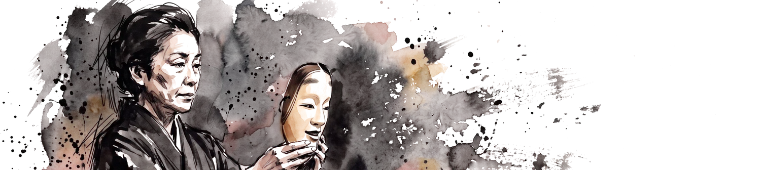 Ink and watercolor: a Noh performer, an older woman in a dark robe, holds a pale young woman’s mask in both hands and studies it before she puts it on.