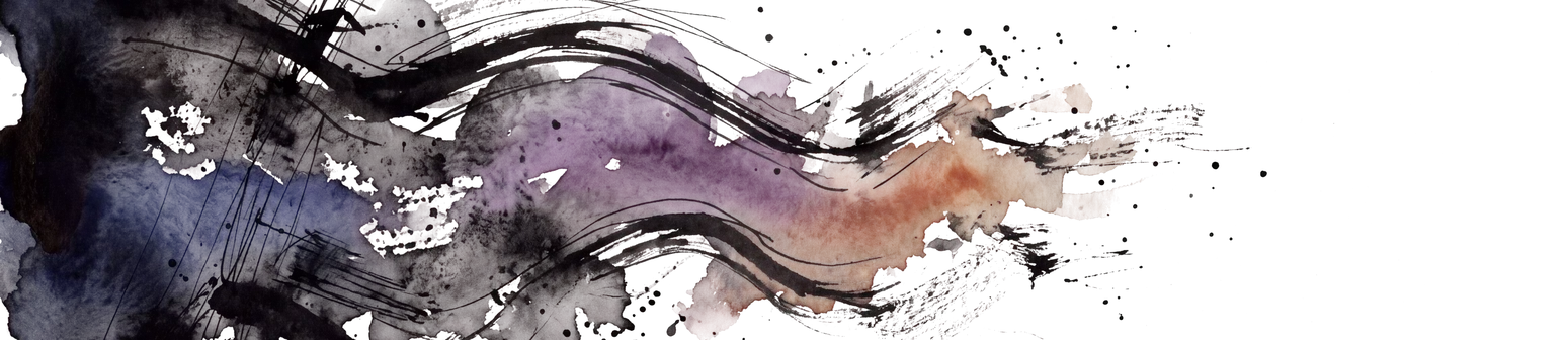 Ink and watercolor: a band of wash pools deep indigo at the left and flows right, turning violet, then rust, with black brush strokes riding along it.